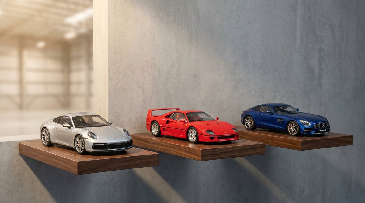 Magazzino Models118 con modellini auto da collezione in pressofusione esposti su scaffali a Czestochowa, Polonia