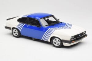 Ford Capri Mk2 3.0 Bianco con Strisce Blu Minichamps 1:18 155788600 Pressofusione — immagine 4 di 6