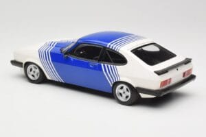 Ford Capri Mk2 3.0 Bianco con Strisce Blu Minichamps 1:18 155788600 Pressofusione — immagine 5 di 6