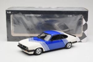 Ford Capri Mk2 3.0 Bianco con Strisce Blu Minichamps 1:18 155788600 Pressofusione — immagine 6 di 6