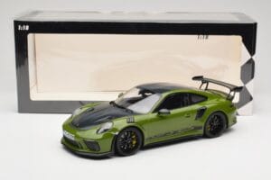 Porsche 911 991.2 GT3 RS Weissach Package Lizard Green Wording & Cerchi Magnesio Neri Minichamps 1:18 155068232 Pressofusione — immagine 6 di 6