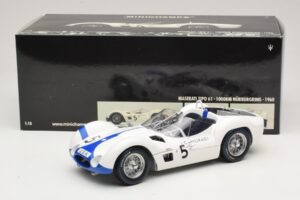 Maserati Tipo 61 #5 S. Moss / D. Gurney Camoradi ADAC 1000km Nurburgring Winner 1960 Minichamps 1:18 100601205 Pressofusione — immagine 8 di 8