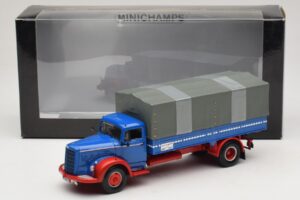 Mercedes L 315 Camion con Pianale Blu Rosso Minichamps 1:43 439034420 Pressofusione — immagine 6 di 6