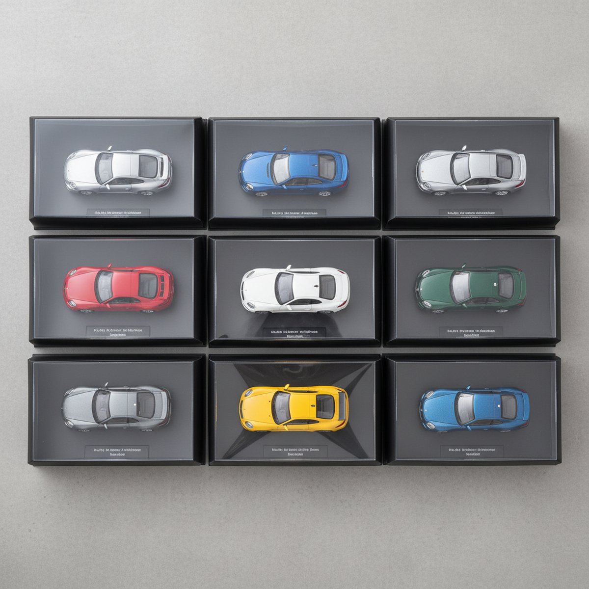Griglia di modellini diecast in scala 1:18 in scatola di più produttori